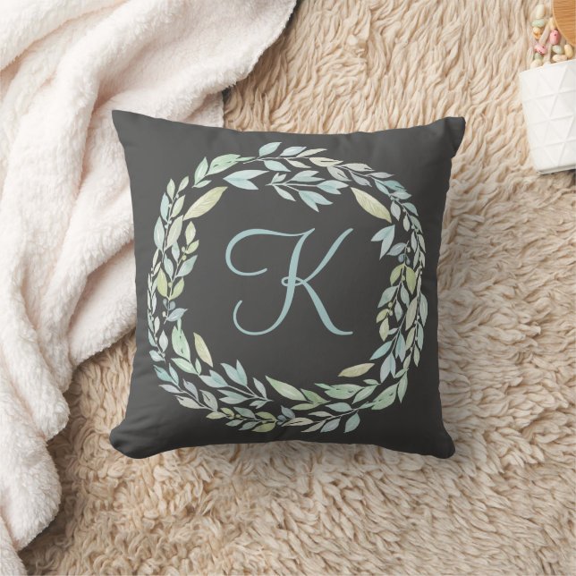 Monogrammed Blue and Green Grey Floral Wreath Cushion (Blanket)