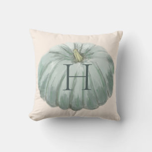 Monogrammed Blue and Ivory Fall Pumpkin Cushion