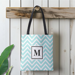 Monogrammed Blue and White Chevron Tote Bag