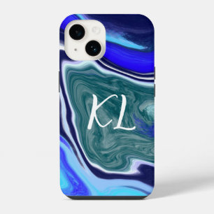Monogrammed Blue and White Marble Fluid Art    iPhone 14 Case