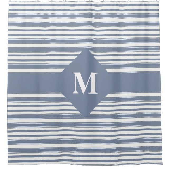 Monogrammed Blue and White Stripes Shower Curtain (Front)