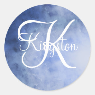 Monogrammed Blue and White Watercolor Classic Round Sticker