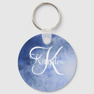 Monogrammed Blue and White Watercolor Key Ring