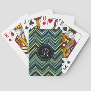 Monogrammed Blue Black Tribal Chevron Pattern Playing Cards