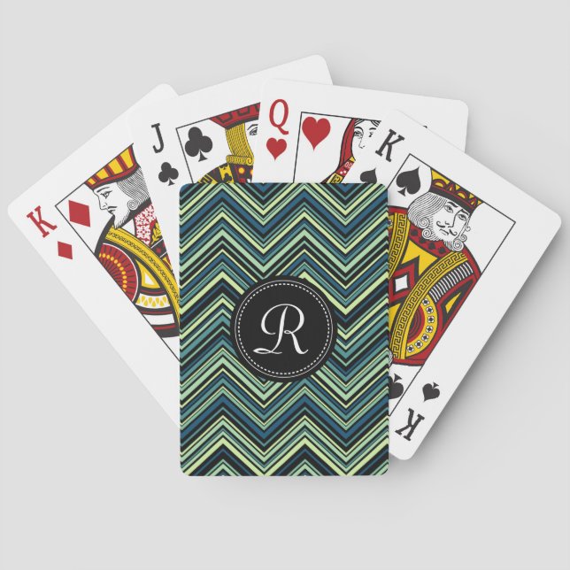 Monogrammed Blue Black Tribal Chevron Pattern Playing Cards (Back)