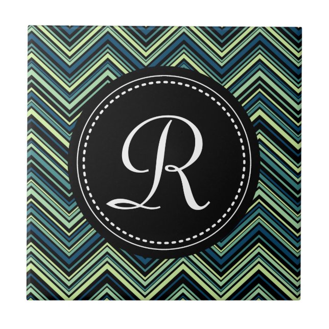 Monogrammed Blue Black Tribal Chevron Pattern Tile (Front)