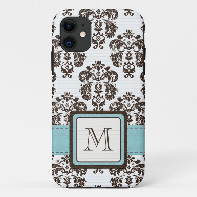 Monogrammed Blue Brown Damask Case-Mate iPhone Case (Back)