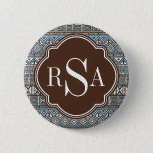 Monogrammed Blue Brown Tribal Pattern 6 Cm Round Badge