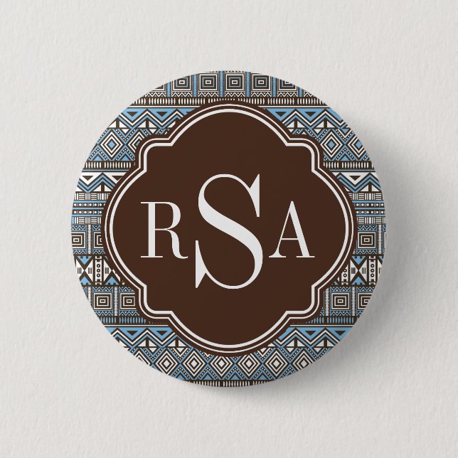 Monogrammed Blue Brown Tribal Pattern 6 Cm Round Badge (Front)