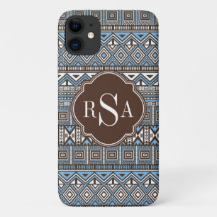 Monogrammed Blue Brown Tribal Pattern Case-Mate iPhone Case