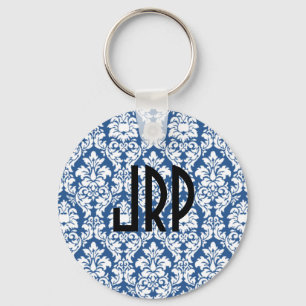 Monogrammed Blue Damask Key Ring