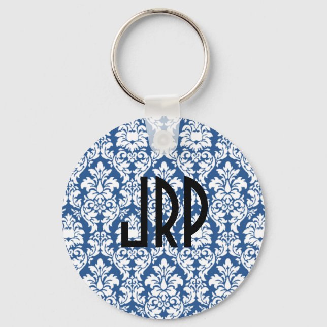 Monogrammed Blue Damask Key Ring (Front)