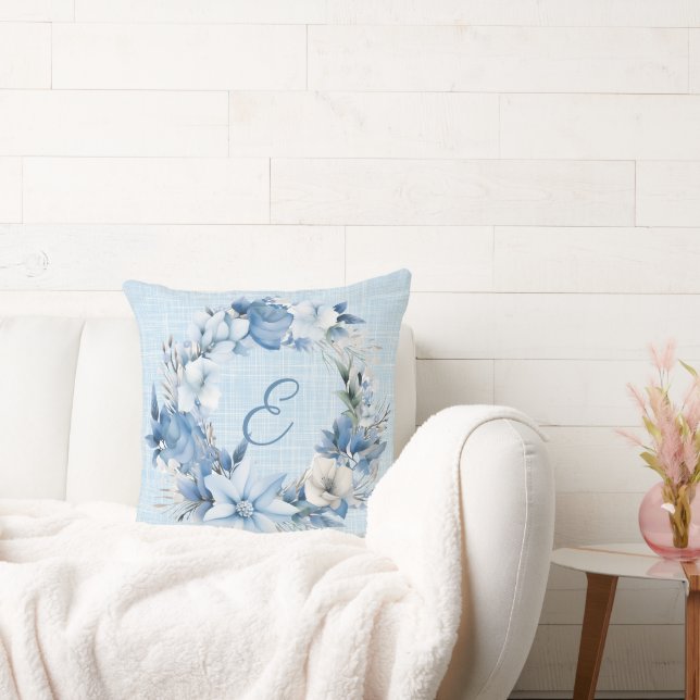Monogrammed Blue Floral Wreath  Cushion (Couch)