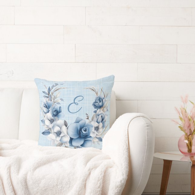 Monogrammed Blue Floral Wreath  Cushion (Couch)