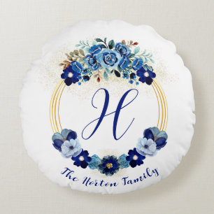 Monogrammed Blue Gold Botanical Garden Wreath Round Cushion