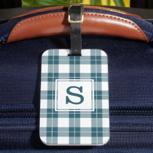Monogrammed Blue Green and White Plaid Pattern Luggage Tag
