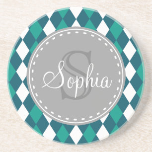 Monogrammed Blue Green Diamdons Pattern Coaster
