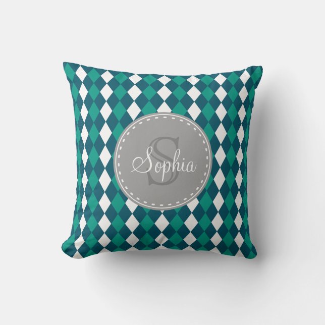 Monogrammed Blue Green Diamdons Pattern Cushion (Front)