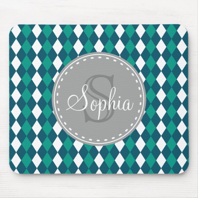 Monogrammed Blue Green Diamdons Pattern Mouse Pad (Front)