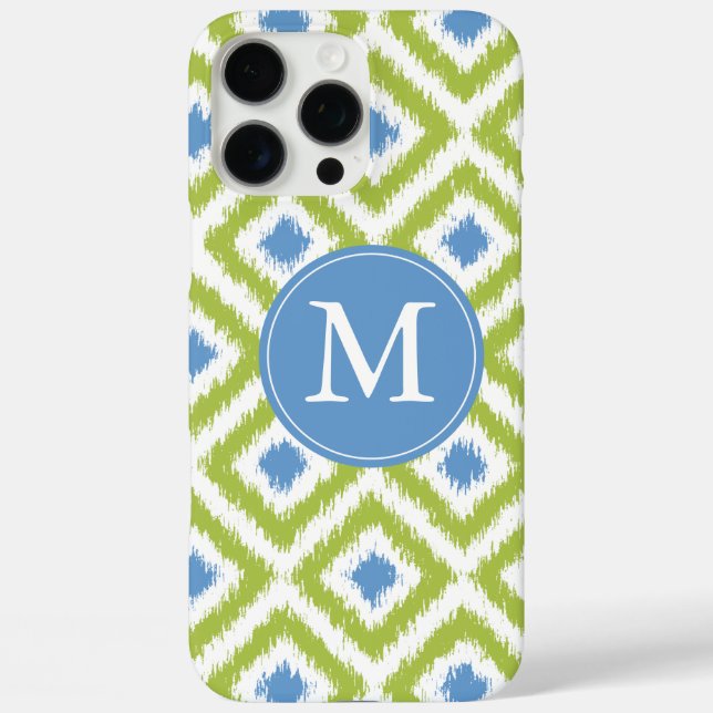 Monogrammed Blue Green Diamond Ikat Pattern Case-Mate iPhone Case (Back)