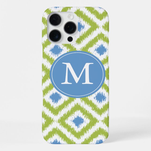 Monogrammed Blue Green Diamond Ikat Pattern iPhone Case (Back)
