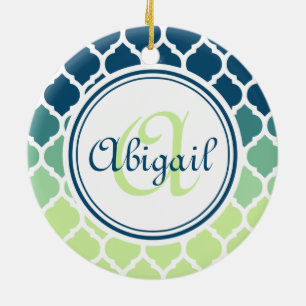 Monogrammed Blue Green Moroccan Lattice Pattern Ceramic Tree Decoration