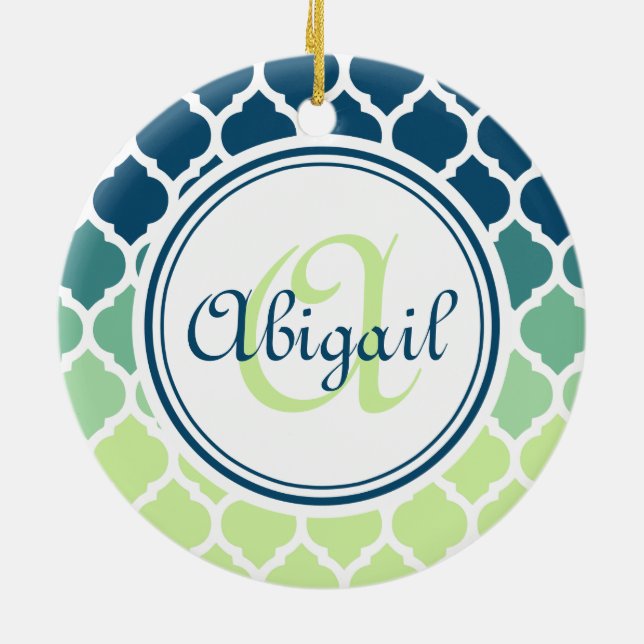 Monogrammed Blue Green Moroccan Lattice Pattern Ceramic Tree Decoration (Back)