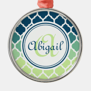 Monogrammed Blue Green Moroccan Lattice Pattern Metal Tree Decoration