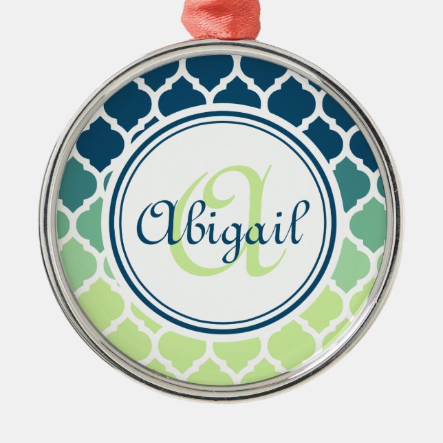 Monogrammed Blue Green Moroccan Lattice Pattern Metal Tree Decoration (Front)