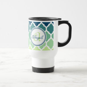 Monogrammed Blue Green Moroccan Lattice Pattern Travel Mug