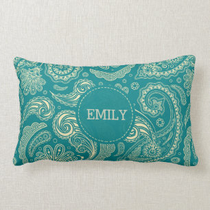 Monogrammed Blue Green Paisley Pattern Lumbar Cushion