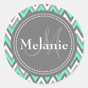 Monogrammed Blue & Grey Chevron Pattern Classic Round Sticker