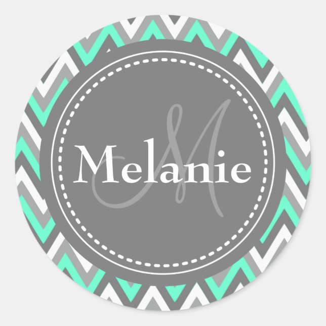 Monogrammed Blue & Grey Chevron Pattern Classic Round Sticker (Front)