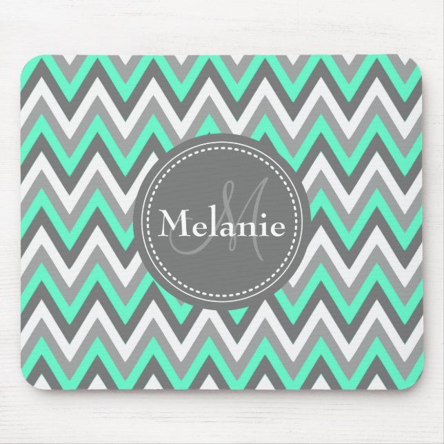 Monogrammed Blue & Grey Chevron Pattern Mouse Pad (Front)