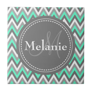 Monogrammed Blue & Grey Chevron Pattern Tile