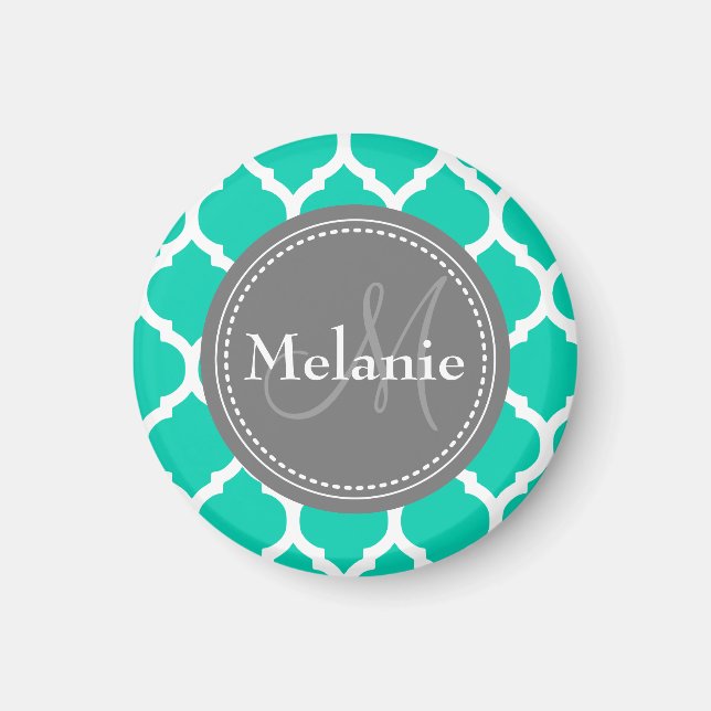 Monogrammed Blue & Grey Quatrefoil Magnet (Front)
