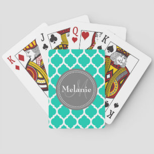 Monogrammed Blue & Grey Quatrefoil Playing Cards