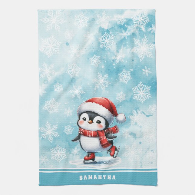 Monogrammed Blue Ice Skating Penguin Christmas Tea Towel (Vertical)
