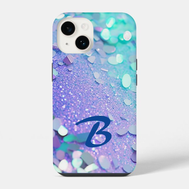 Monogrammed Blue Lavender Mint Glitter iPhone Case (Back)