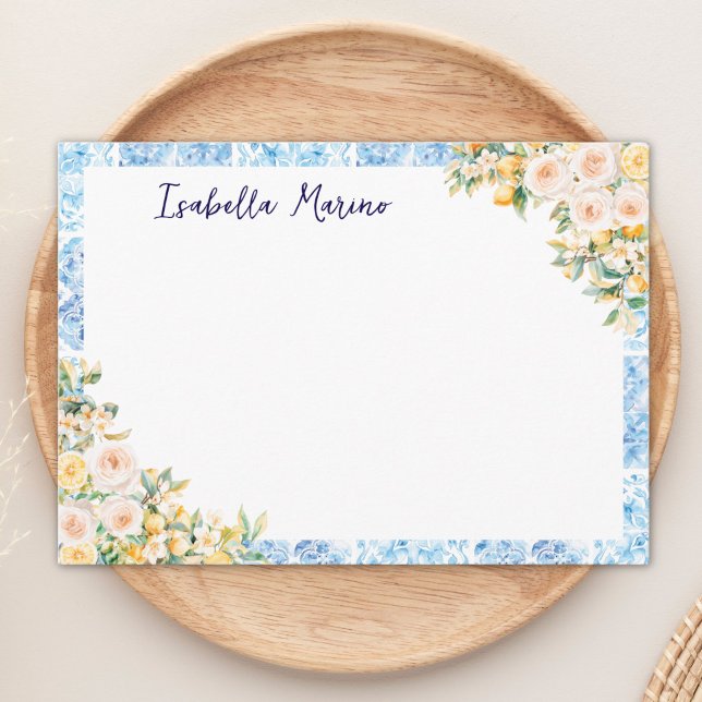 Monogrammed Blue Mediterranean Tiles Flower Lemon Card (Creator Uploaded)