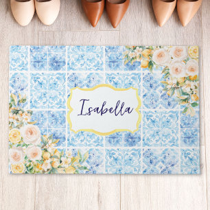 Monogrammed Blue Mediterranean Tiles Flower Lemon Doormat