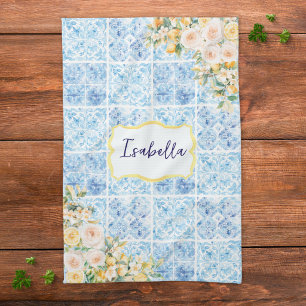 Monogrammed Blue Mediterranean Tiles Flower Lemon Tea Towel