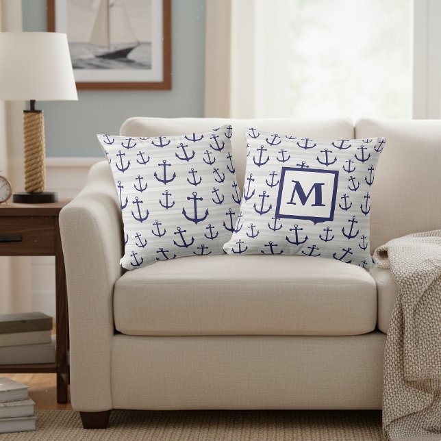 Monogrammed Blue Nautical Anchor Pillow (Decorative anchor pillow with a monogram.)