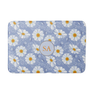 Monogrammed Blue, Orange Flower on Blue Background Bath Mat