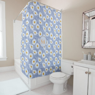Monogrammed Blue, Orange Flower on Blue Background Shower Curtain