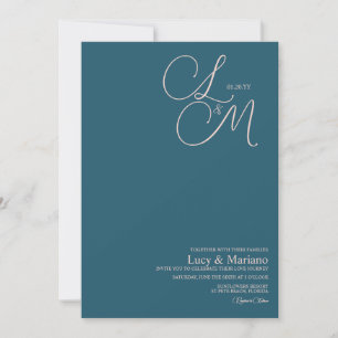 Monogrammed Blue Pink Elegant Script  Wedding  Invitation
