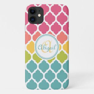 Monogrammed Blue Pink Moroccan Lattice Pattern Case-Mate iPhone Case