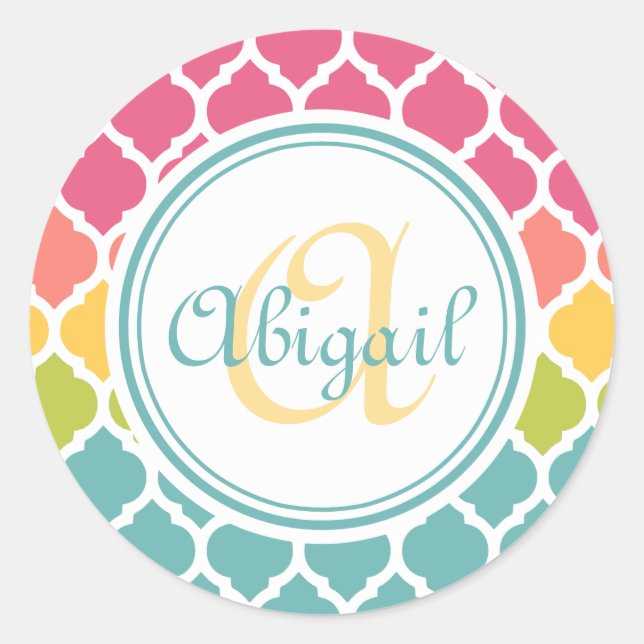 Monogrammed Blue Pink Moroccan Lattice Pattern Classic Round Sticker (Front)