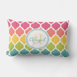 Monogrammed Blue Pink Moroccan Lattice Pattern Lumbar Cushion