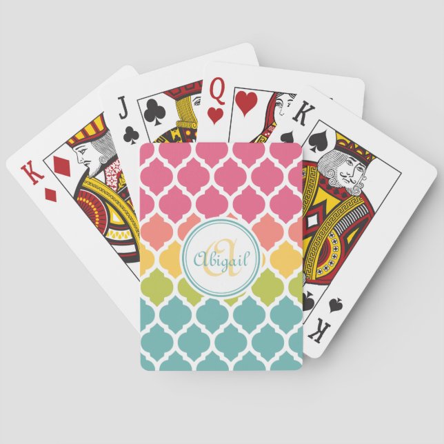 Monogrammed Blue Pink Moroccan Lattice Pattern Playing Cards (Back)